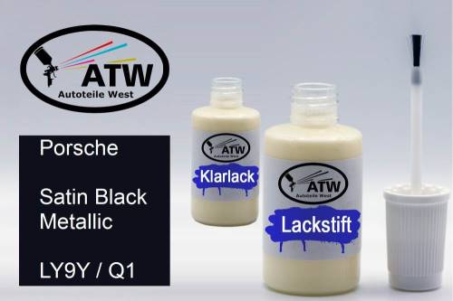 Porsche, Satin Black Metallic, LY9Y / Q1: 20ml Lackstift + 20ml Klarlack - Set, von ATW Autoteile West.